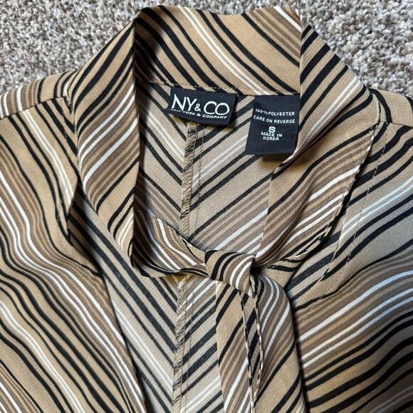 Vintage NY & Co Women Blouse Small Black Tan White Stripe sleeveless Sheer Bow - Picture 4 of 6